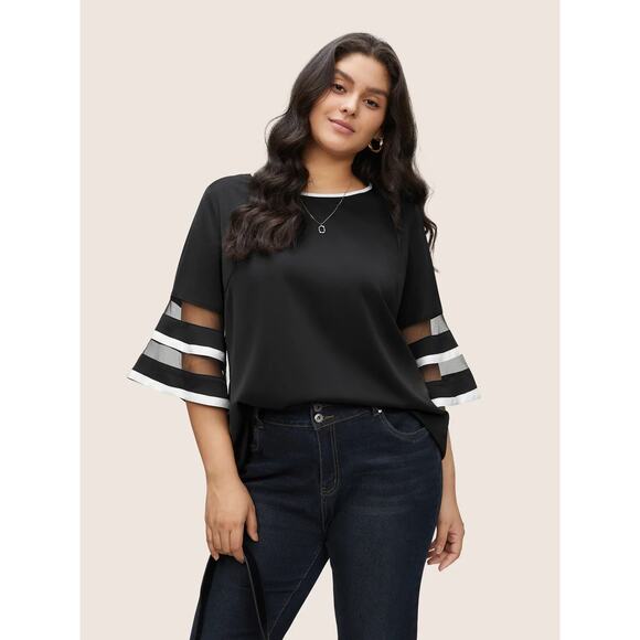 Size 26 4X BloomChic Contrast Mesh Bell Sleeve Blouse Plus Size Top Blouse - Picture 1 of 6